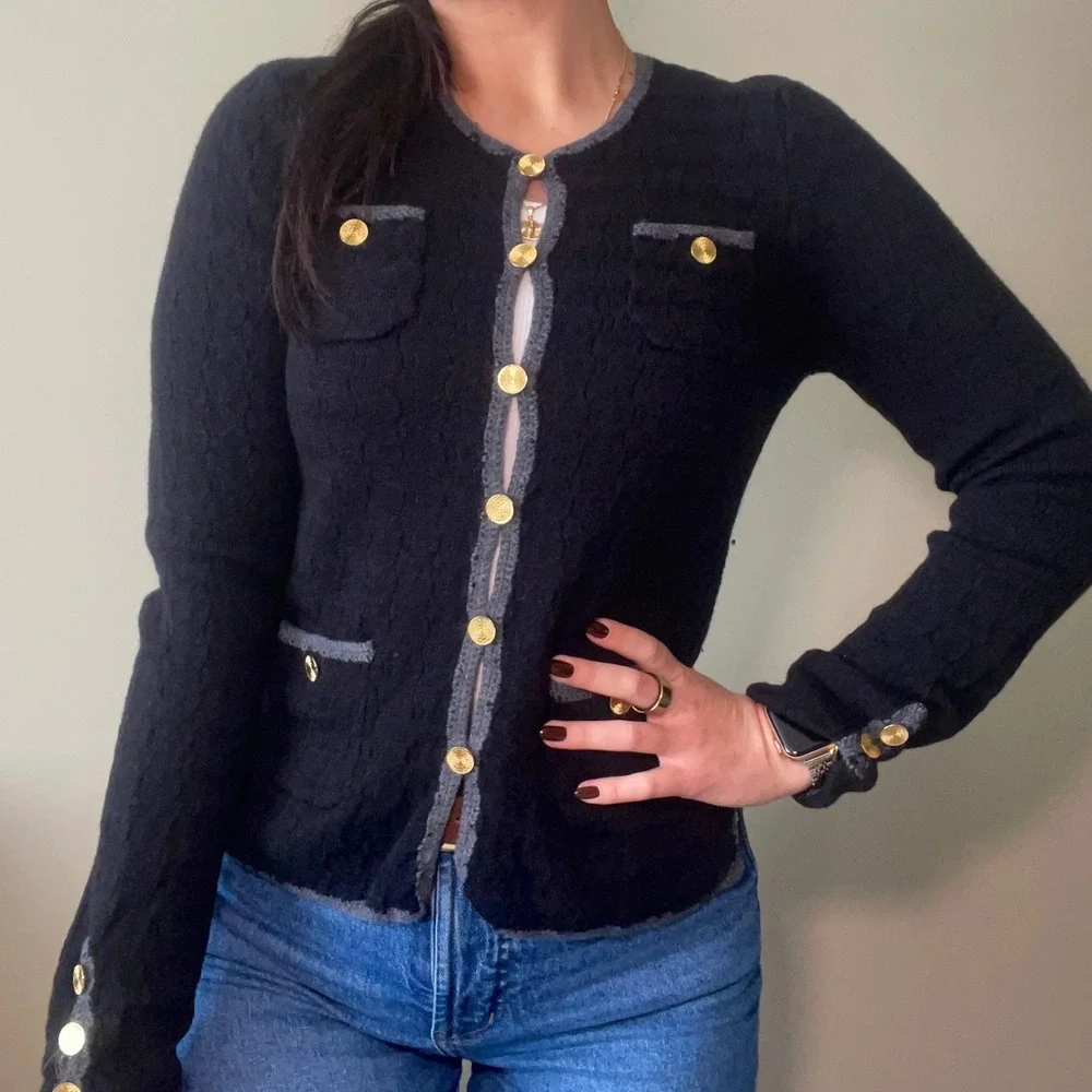 TRINA TURK Black Knit 100%‎ Wool Cardigan Blazer Gold Button Pockets Size S